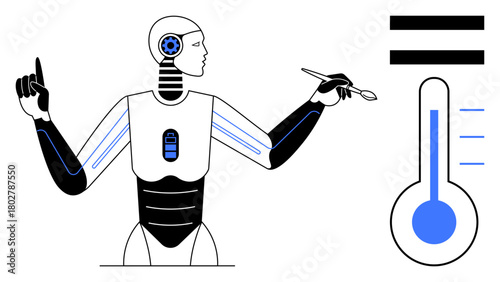Humanoid robot holding stylus, examining thermometer with temperature scale. Ideal for AI, robotics, innovation, future technology, machine learning, automation data analysis. Simple flat metaphor