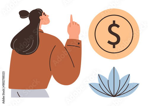 Woman gestures upward alongside dollar sign and abstract leaf illustration. Ideal for finance, investment, personal growth, sustainability, motivation, mindfulness, wealth creation. Simple flat