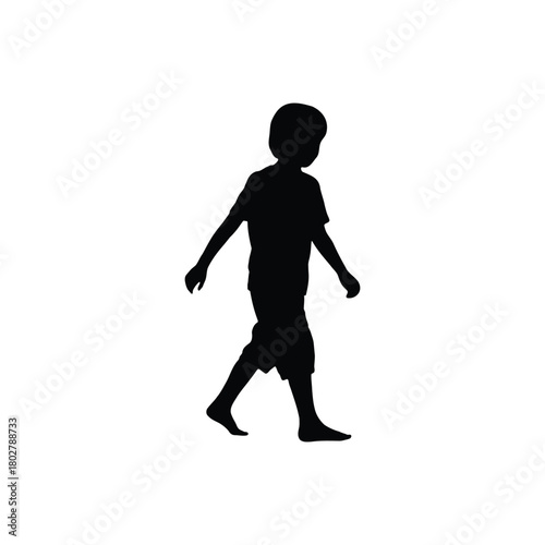 A silhouette of a young child walking barefoot with arms slightly outstretched on a white background plain