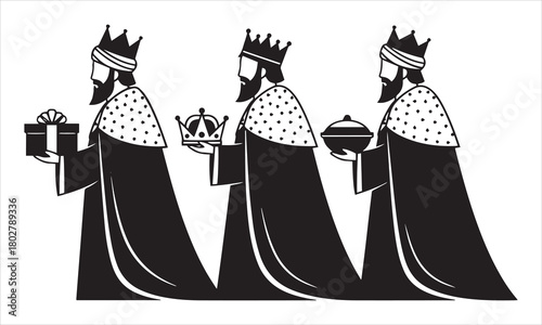 Three kings bearing gifts and crowns robes