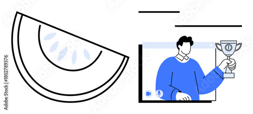 Abstract composition featuring a fruit slice graphic and a character holding a trophy during a video call. Ideal for concepts thumbs up virtual success, remote events, teamwork, motivation, online