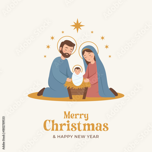 Christmas Eve Nativity scene. Birth of jesus christ. Merry Christmas. Holy Family. The Virgin Mary and Saint Joseph with the newborn Jesus Christ