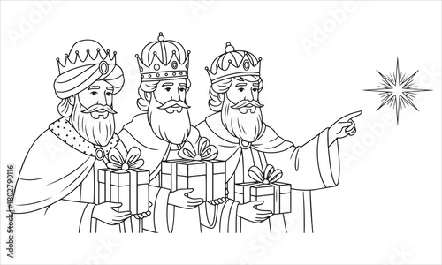 Three kings holding gifts pointing towards star presents