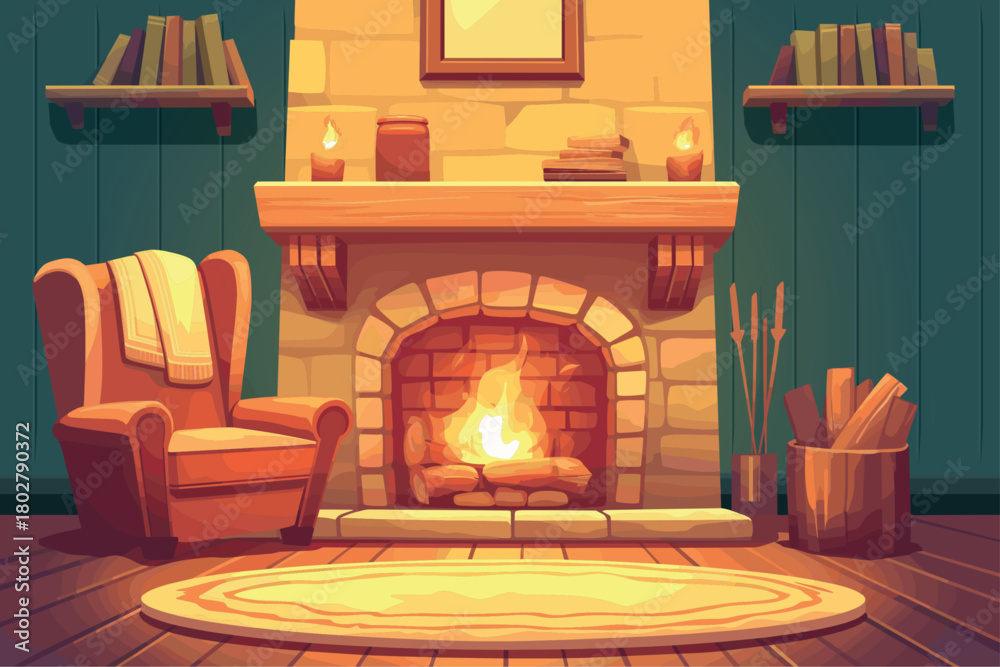 Naklejka premium Cartoon cozy fireplace in the house with furniture, armchairs and bookshelves, winter evening, firewood, vector illustration
