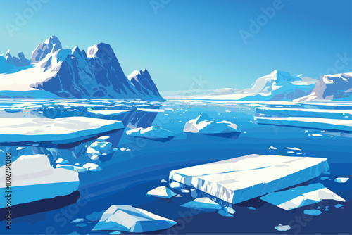 Cartoon Arctic landscape with glaciers and mountains on the background, North Pole, Antarctica, North Sea, vector illustration