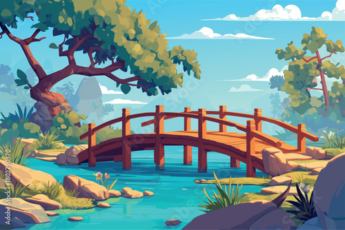Cartoon bridge over a river in a fairytale forest, nature background, clear day with clouds, wooden old bridge, vector illustration