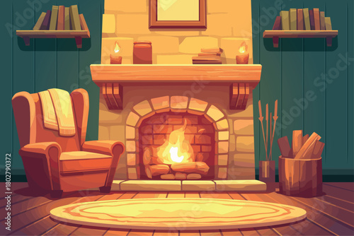 Cartoon cozy fireplace in the house with furniture, armchairs and bookshelves, winter evening, firewood, vector illustration
