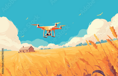 cartoon drone flying over wheat field, agricultural concept, crop inspection, nature and seasonal harvesting, vector illustration