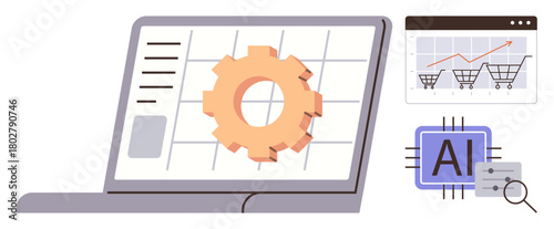 Laptop screen with gear icon and chart, adjacent to e-commerce growth analytics and AI chip, conveying technology, innovation, automation. Ideal for business, AI, e-commerce, tools data growth