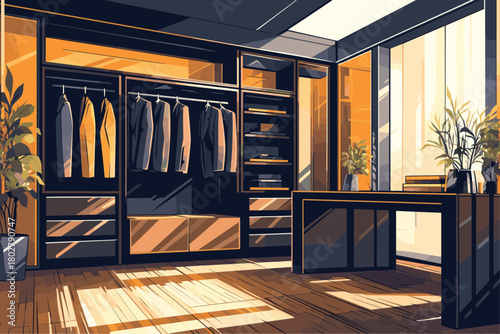 Cartoon interior of a mans office with a wardrobe with jackets and a desk, home office, flowers and accessories, vector illustration