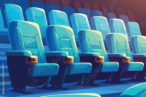Rows of empty cinema seats, movie watching, theater auditorium, drink holders, furniture, vector illustration