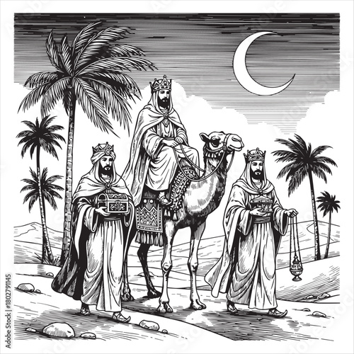 Three Kings Journeying Camel Desert Night vector