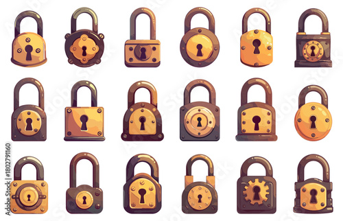 Set of cartoon ancient metal padlocks. Vintage metal padlocks, different designs and shapes with key hole, vector collection