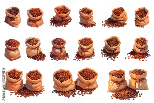Set of cartoon cloth bags with coffee beans, piles of coffee beans around, coffee making, vector illustration