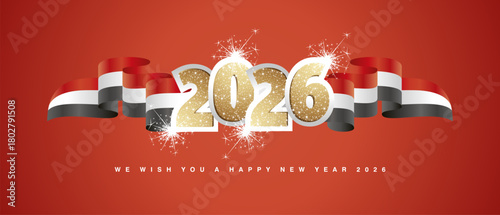 2026 New Year concept design template with golden glitter number front on egypt iraq syria red white black wavy flag ribbon. 2026 premium design vector with light firework isolated on red background