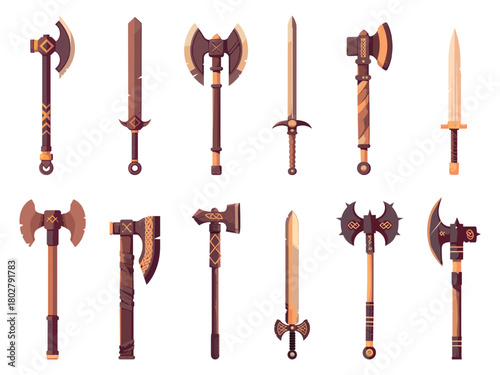 Set of stylized viking weapons, colorful diverse set of ancient axes and swords. Medieval warrior weapon vector illustration
