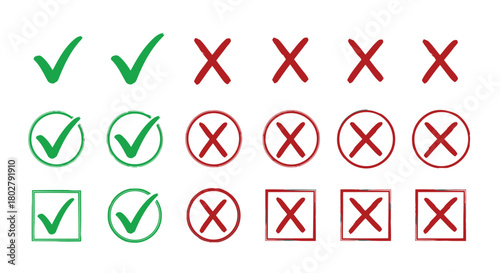 Set of handdrawn checkmarks and crosses in green and red, indicating correct and incorrect, isolated on