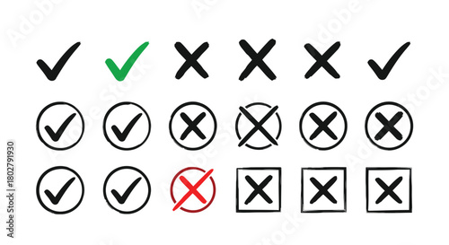 Collection of check marks and crosses isolated on