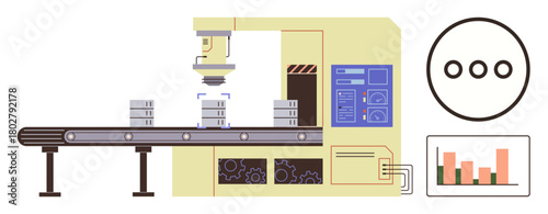 Factory conveyor with robotic arm stacking objects, control panel, chart display. Ideal for production, automation, technology, industry, efficiency AI data analysis. Simple flat metaphor