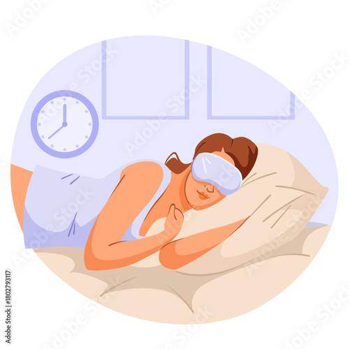 Woman sleeping on a pillow with sleep mask, flat graphic style, bedroom background, concept of relaxation and healthy sleep. Vector illustration