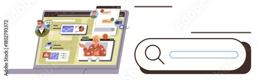 Team members communicating through video calls, document sharing, and chat in a virtual workspace. Ideal for teamwork, remote work, collaboration, communication, productivity, information sharing