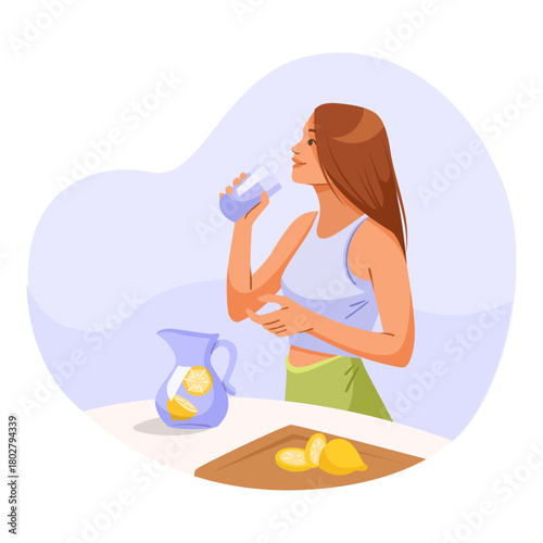 Woman with long hair drinks lemon water in kitchen, flat design style, indoor background. Concept of healthy lifestyle. Vector illustration
