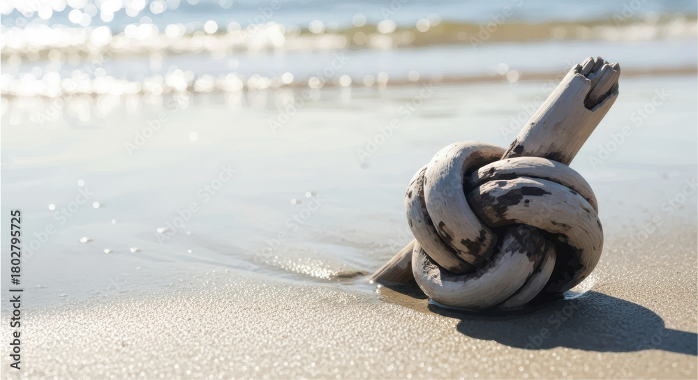 Obraz premium Close-up of a clean driftwood knot resting on a radiant beach with sunlight shimmering on water surface. Driftwood knot enhances beauty of sandy shore, creating a tranquil beach cleanup poster theme.