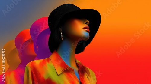 Vibrant Artistic Portrait of a Fashionable Woman in a Bold Hat and Colorful Shirt