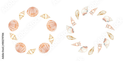 Watercolor seashells of different shapes and sizes arranged in a round frame. nautical decoration, soft pastel colors, marine details, isolated on white background, vector, for greeting cards 