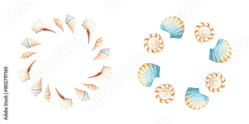 Watercolor seashells of different shapes and sizes arranged in a round frame. nautical decoration, soft pastel colors, marine details, isolated on white background, vector, for greeting cards 