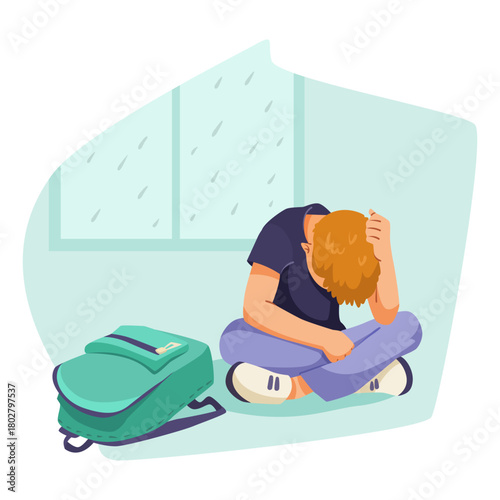 Depressed boy sitting on floor with head down, backpack nearby, flat graphic style, inside building with window view, concept of sadness. Vector illustration
