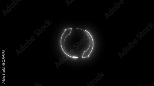 White Neon Circular Arrows Icon on Black Background for Refresh or Reload cycle