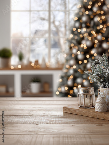 Wooden Table with Decorations – Christmas Morning with a Christmas Tree