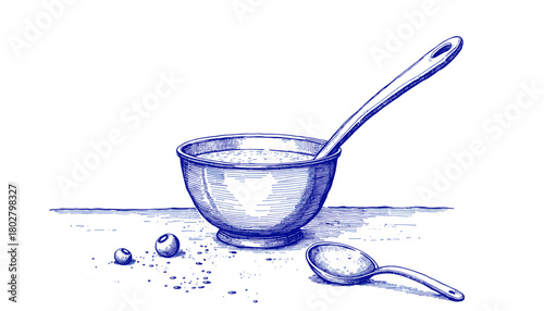 Vintage ink sketch with blue ink of a soup ladle on table  