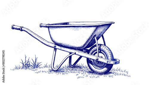 Vintage sketch of a blue ink wheelbarrow in garden setting  