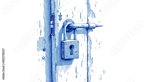 Vintage sketch with pen and blue ink of a frozen door lock  