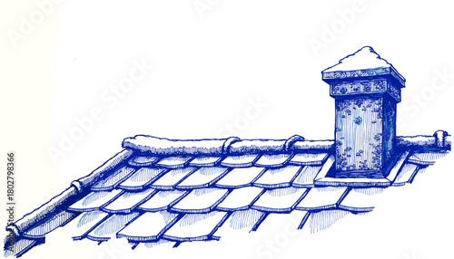 Vintage sketch of a rooftop with snow on tiles and chimney  