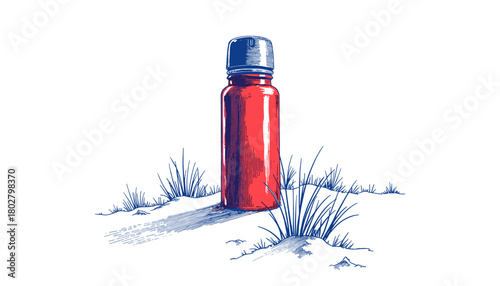 Red thermos on snow in vintage sketch style with blue ink  