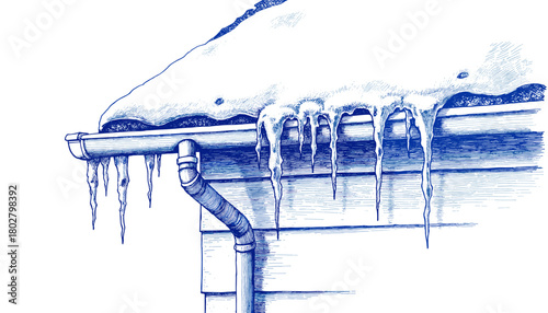 Vintage sketch of icicles on house gutter and roof  
