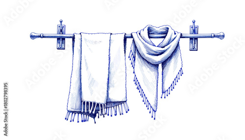 Vintage sketch of wool scarf on hook in blue ink  