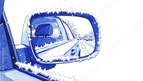 Vintage sketch of traffic mirror with frost and winter scenery  