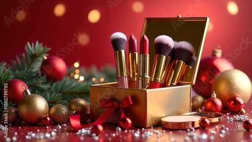 Holiday makeup set displayed elegantly with brushes and lipsticks against a festive backdrop