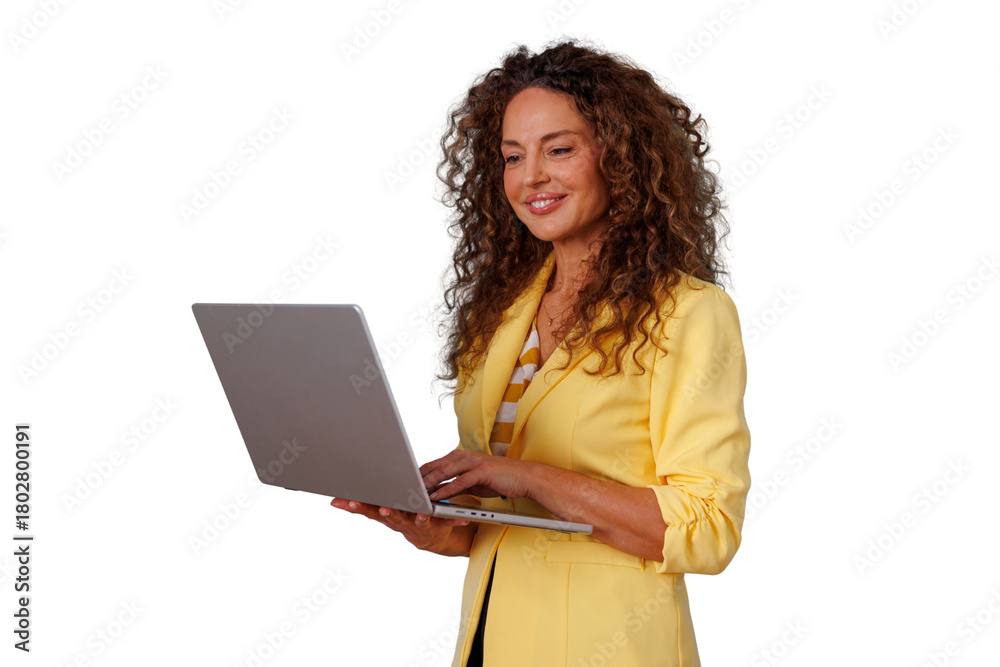 Naklejka premium Professional woman with curly hair smiling while working on a laptop, using technology for business, transparent background
