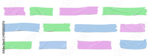 A set of multicolored adhesive tape. Realistic vector transparent adhesive strips in red, green, and blue. Torn and straight crumpled pieces of painter's tape for notes and fixing, isolated on a white