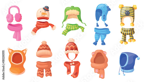 Kids winter beanie. Children warm hats and scarf, child cap hat with pompon earmuffs knit woolen headwear earflaps baby christmas or autumn head wear, set neat vector illustration