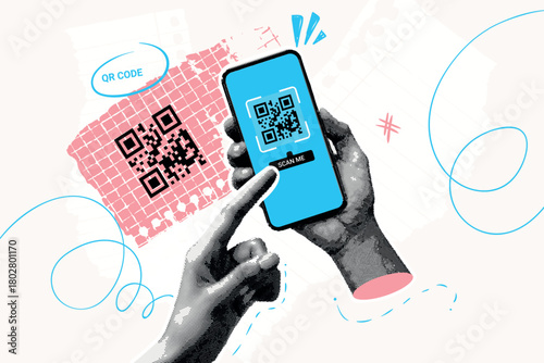 Qr code collage. Smartphone scan qr code for online pay in store, phone frame social media mobile sticker retro magazine halftone collage cutout paper, exact vector illustration