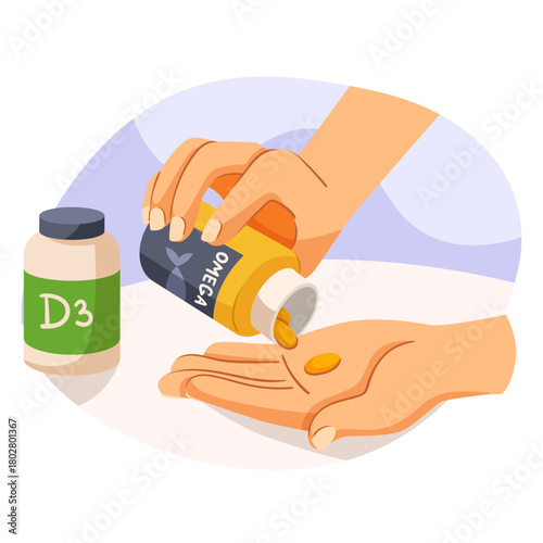 Hand pouring omega capsules from bottle, vitamin D3 container nearby, flat style, on white background. Concept of health and supplements. Vector illustration