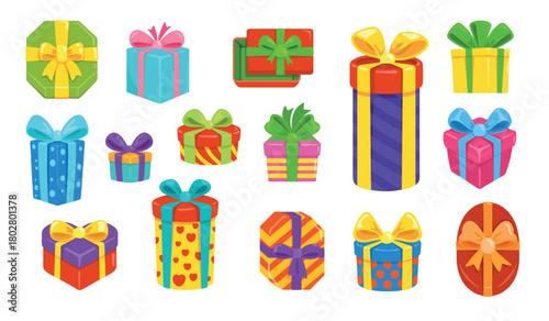 Cartoon gift boxes. Present box cute gifts package for birthday or christmas party, paper giftbox ribbon bow surprise holiday cute wrapping isolated set, kicky vector illustration