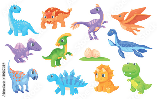 Cartoon dinosaurs. Dino cute baby characters, dinosaur raptor trex tyrannosaurus pterodactyl triceratops jurassic period animal childish toy prehistoric, neat vector illustration