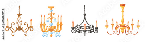 Cartoon vintage chandeliers. Classic chandelier with candles, gold candlestick hanging ceiling with crystals antique old lamp for medieval castle interior, neat vector illustration